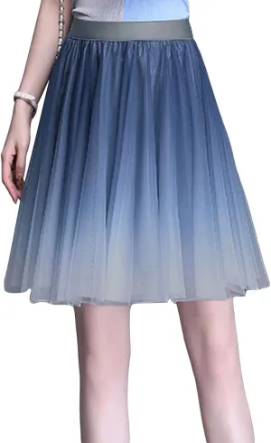 Womens Gradient Tulle Midi Skirt High Waist Pleated A-line Skirt with Lining for Summer Party Weddings Casual Outings