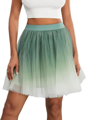 Womens Gradient Tulle Midi Skirt High Waist Pleated A-line Skirt with Lining for Summer Party Weddings Casual Outings