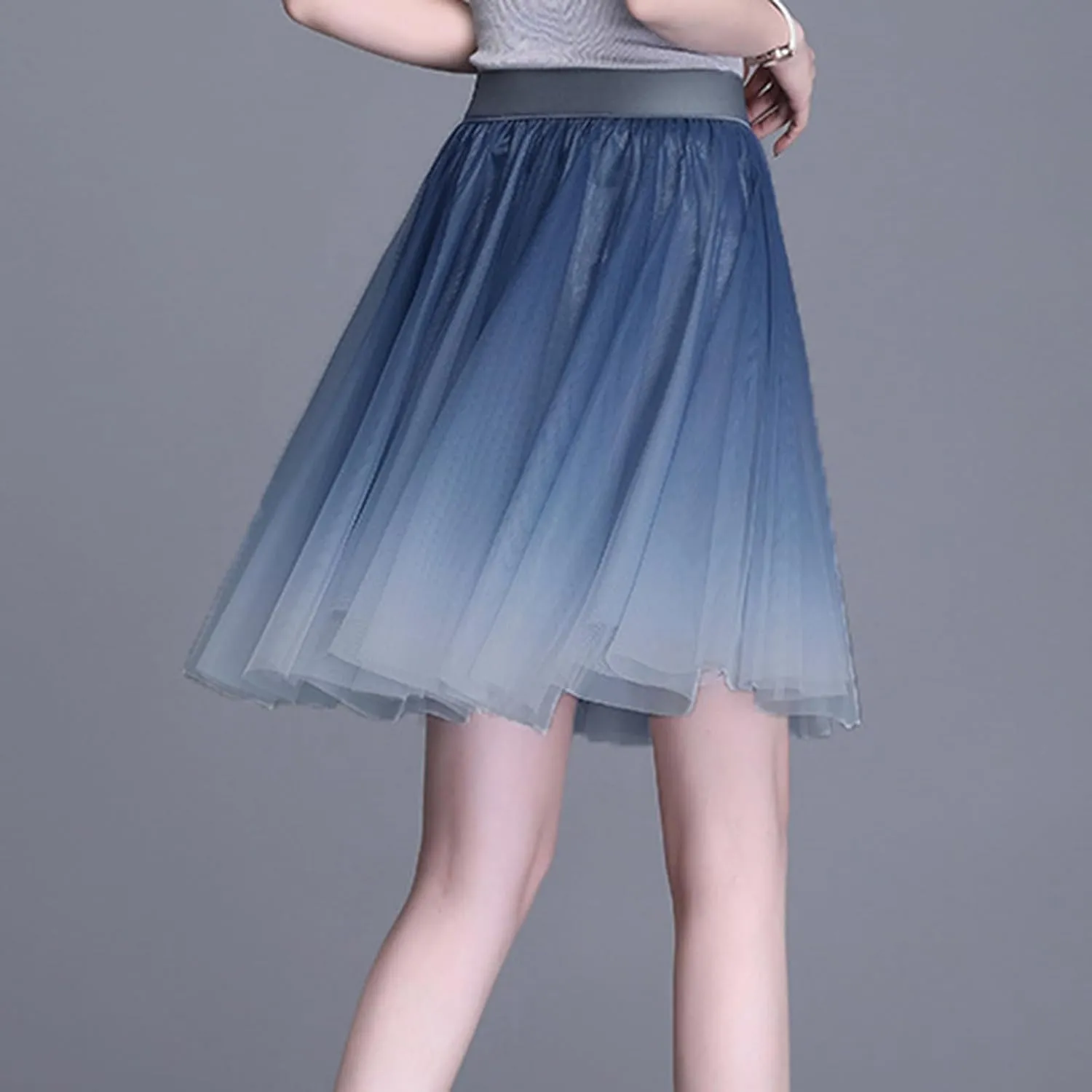 Womens Gradient Tulle Midi Skirt High Waist Pleated A-line Skirt with Lining for Summer Party Weddings Casual Outings