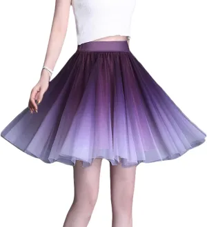 Womens Gradient Tulle Midi Skirt High Waist Pleated A-line Skirt with Lining for Summer Party Weddings Casual Outings