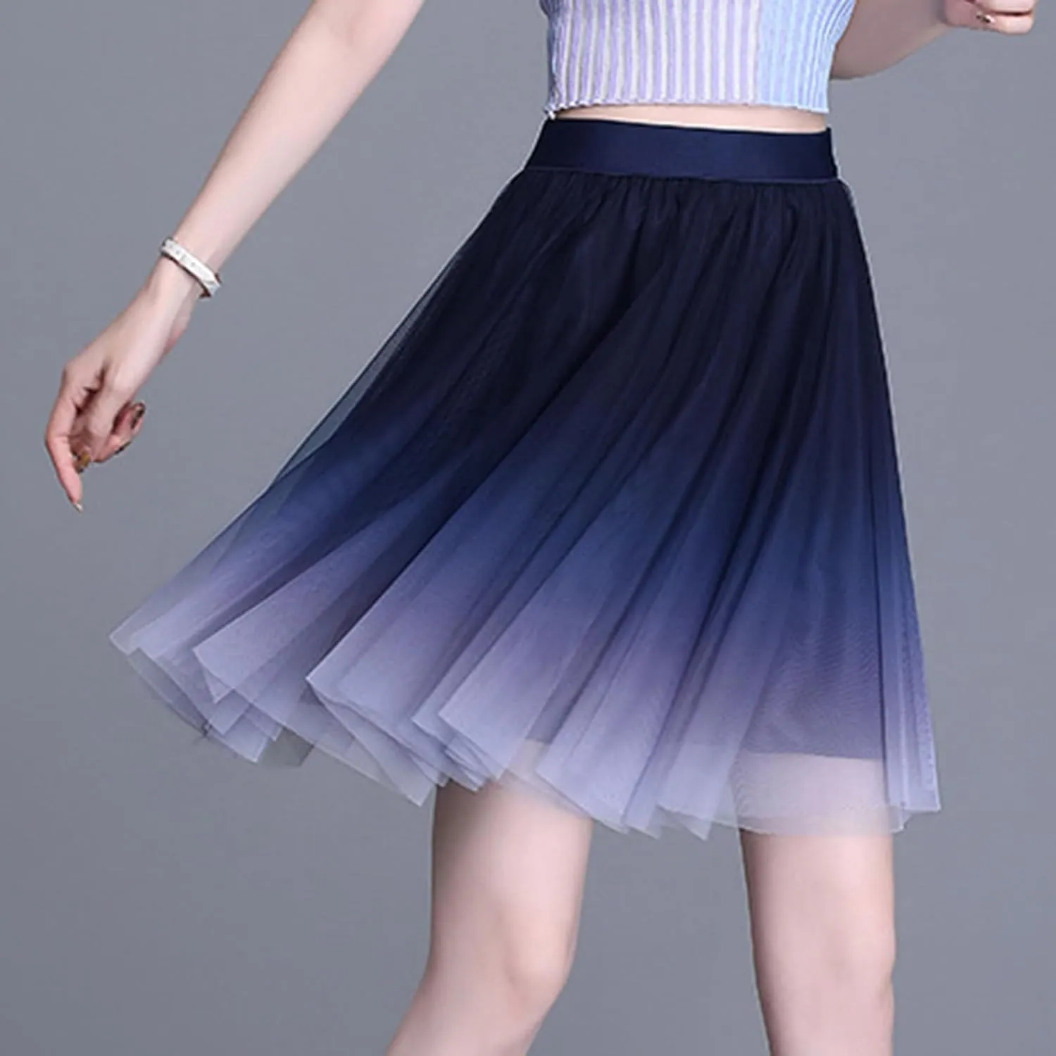 Womens Gradient Tulle Midi Skirt High Waist Pleated A-line Skirt with Lining for Summer Party Weddings Casual Outings