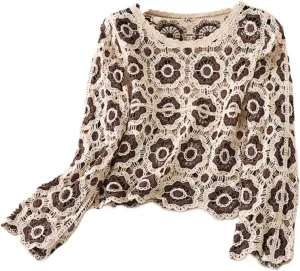 Womens Granny Square Knit Cardigan Crochet Square Print Long Sleeve Jumper V-Neck Button Hollow Out Knitwear Sweater