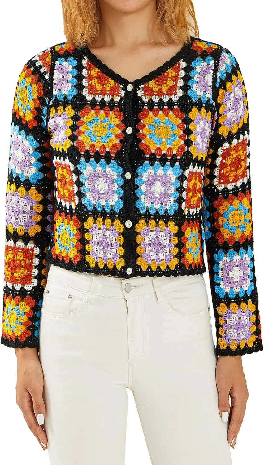 Womens Granny Square Knit Cardigan Crochet Square Print Long Sleeve Jumper V-Neck Button Hollow Out Knitwear Sweater