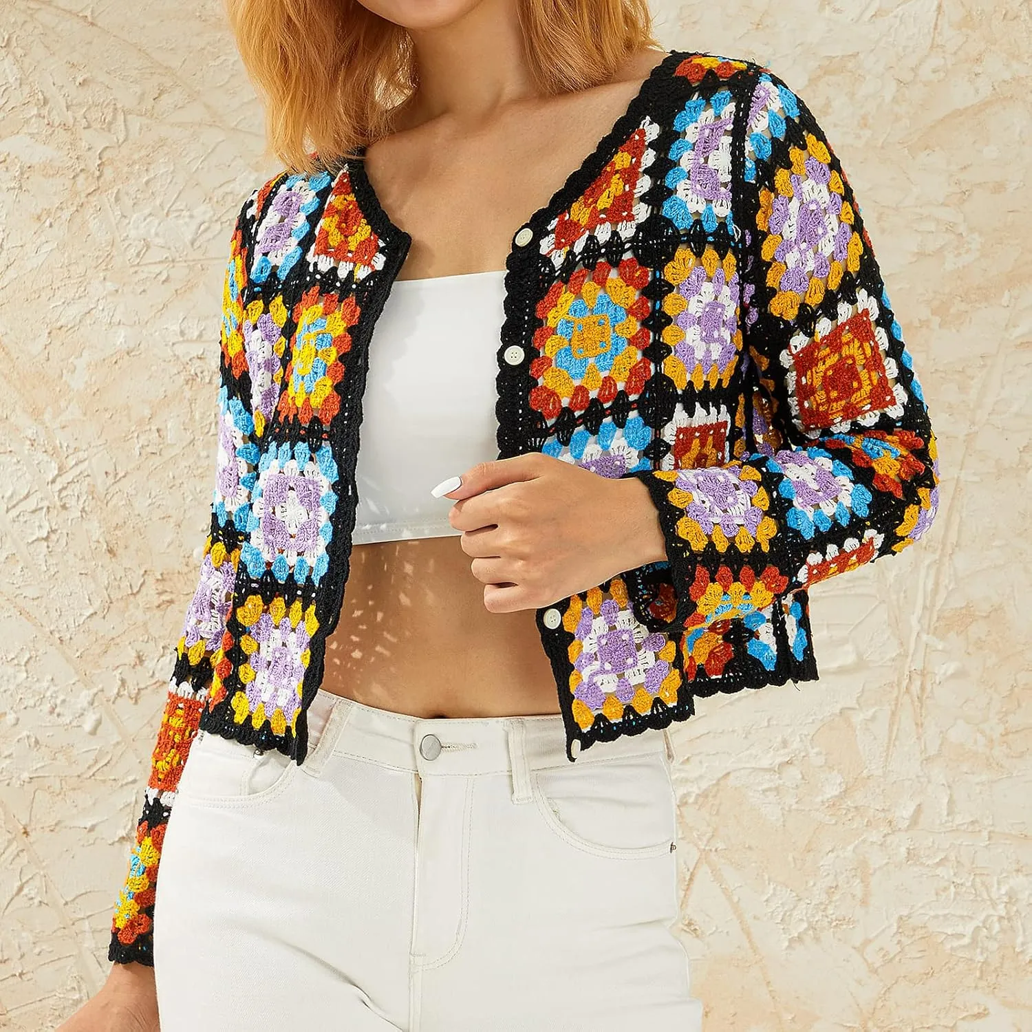 Womens Granny Square Knit Cardigan Crochet Square Print Long Sleeve Jumper V-Neck Button Hollow Out Knitwear Sweater