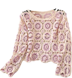 Womens Granny Square Knit Cardigan Crochet Square Print Long Sleeve Jumper V-Neck Button Hollow Out Knitwear Sweater