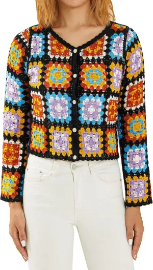 Womens Granny Square Knit Cardigan Crochet Square Print Long Sleeve Jumper V-Neck Button Hollow Out Knitwear Sweater