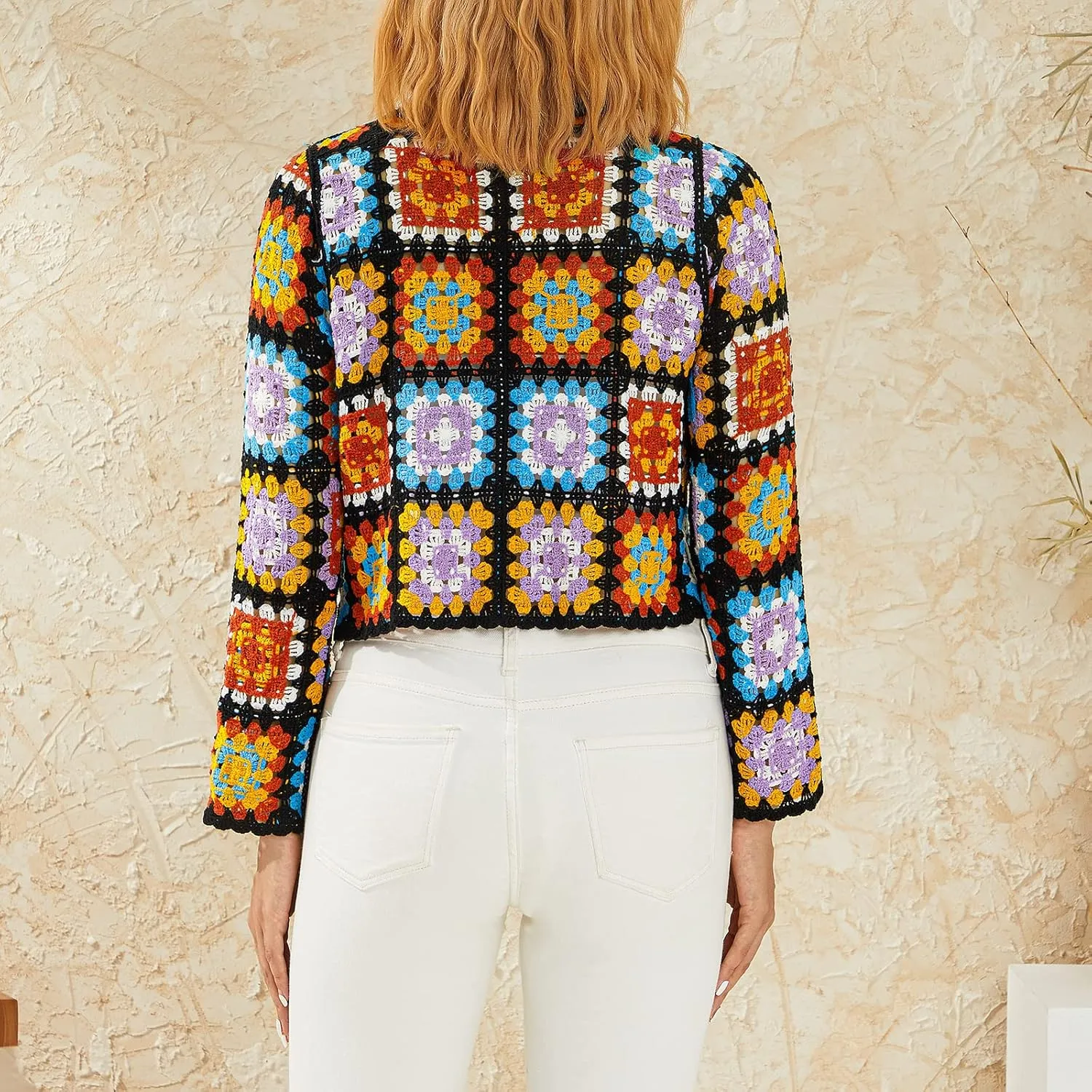 Womens Granny Square Knit Cardigan Crochet Square Print Long Sleeve Jumper V-Neck Button Hollow Out Knitwear Sweater