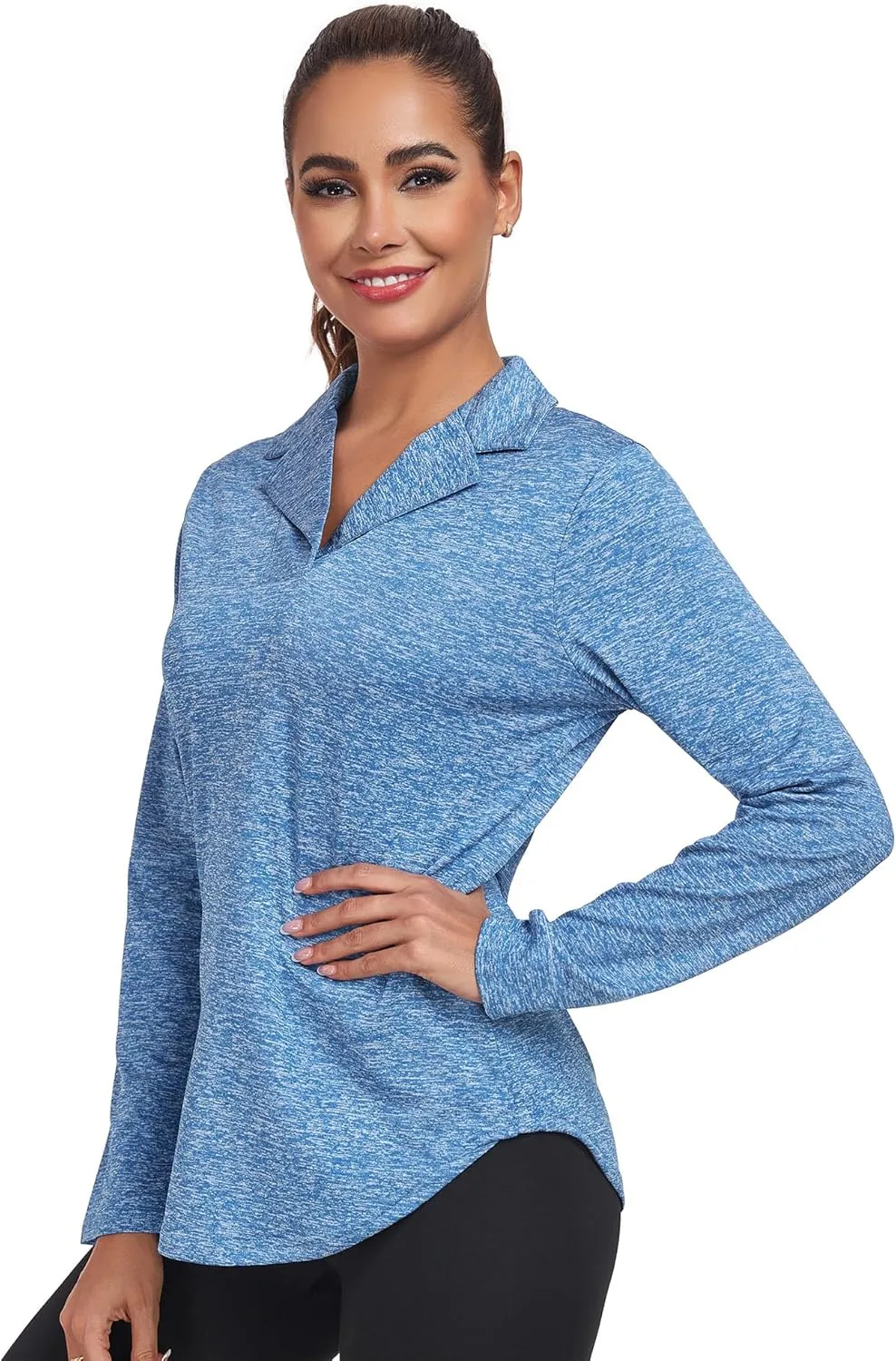 Women's Long Sleeve V Neck Golf Polo Shirt Lapel Collar Tennis Workout Sports Top