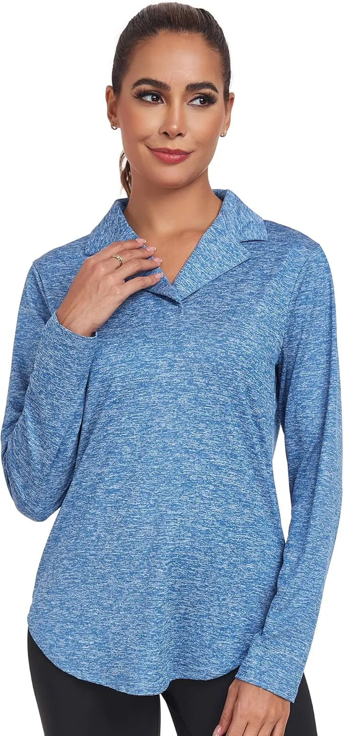 Women's Long Sleeve V Neck Golf Polo Shirt Lapel Collar Tennis Workout Sports Top