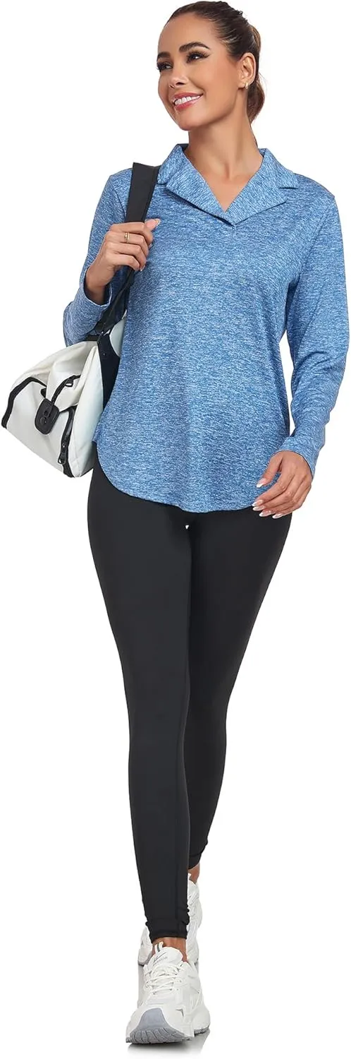 Women's Long Sleeve V Neck Golf Polo Shirt Lapel Collar Tennis Workout Sports Top