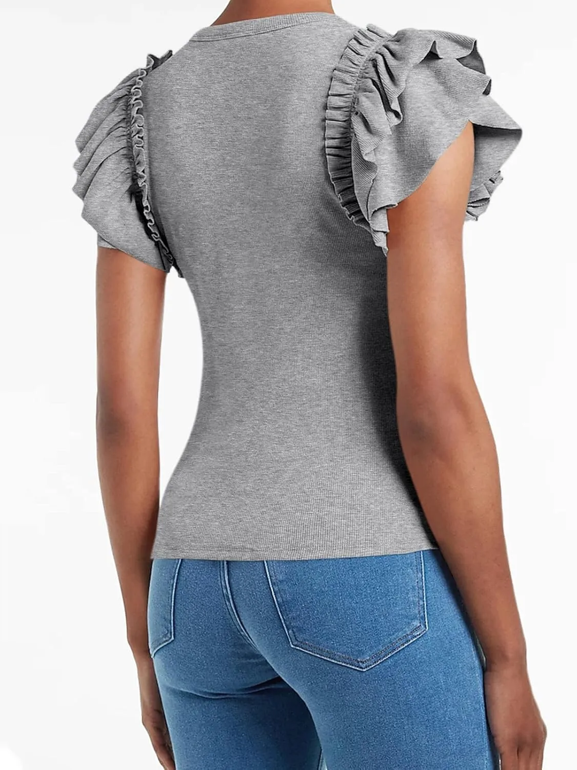 Womens Ruffle Short Sleeve Shirts Slim Fit High Neck Knit Ribbed Tops