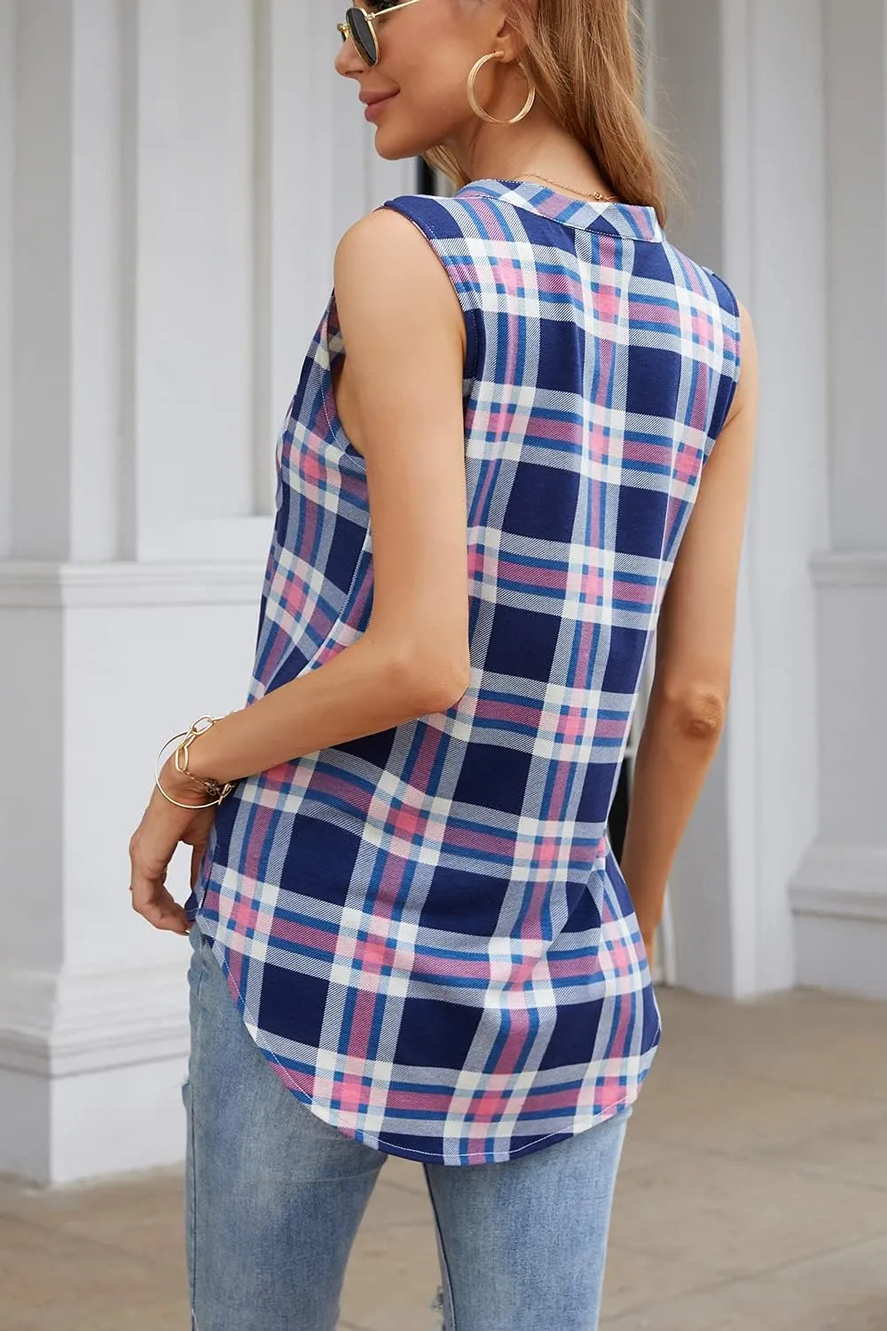 Women's Sleeveless Button Down V Neck Casual Plaid Shirts Tank Tops Blouse