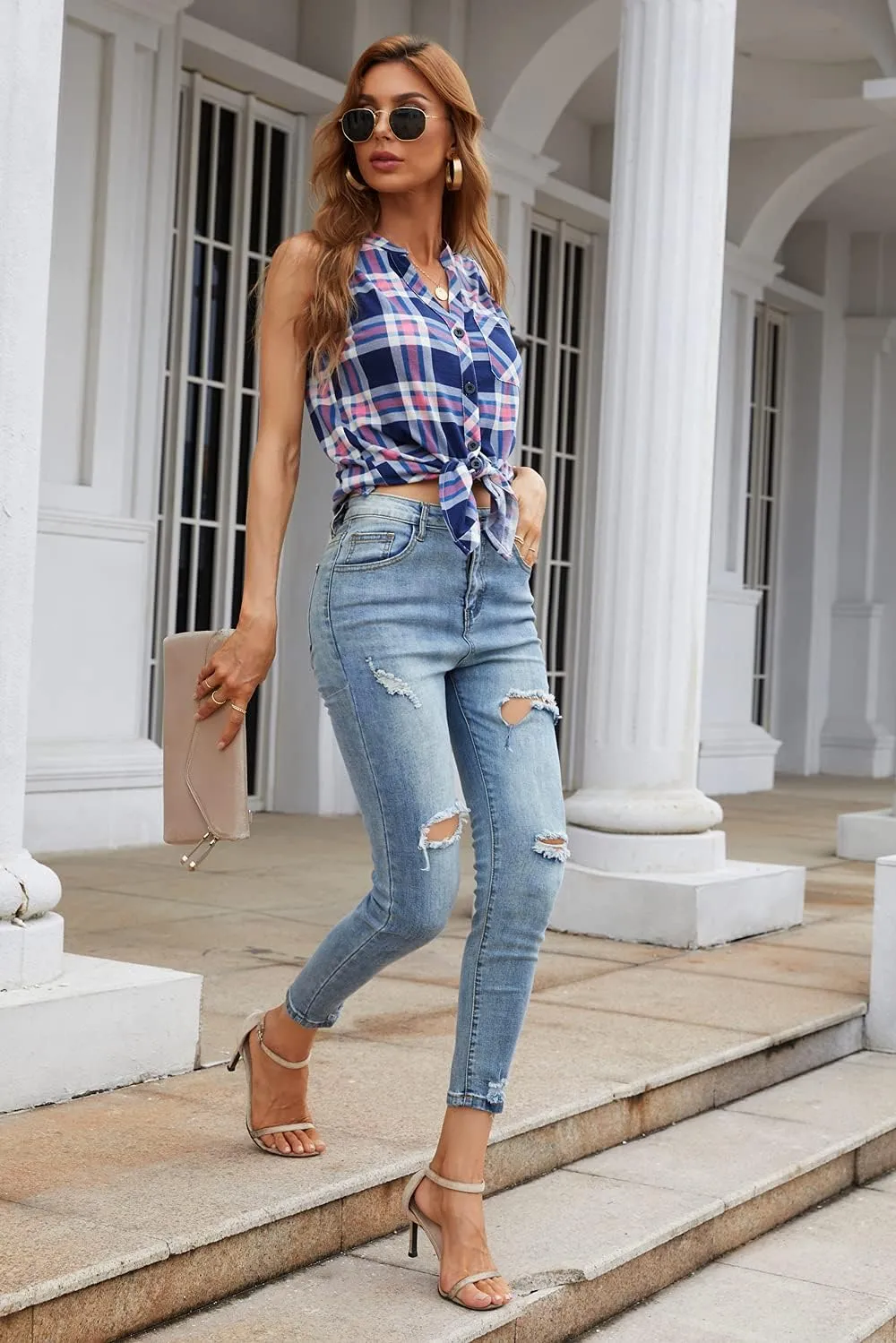 Women's Sleeveless Button Down V Neck Casual Plaid Shirts Tank Tops Blouse
