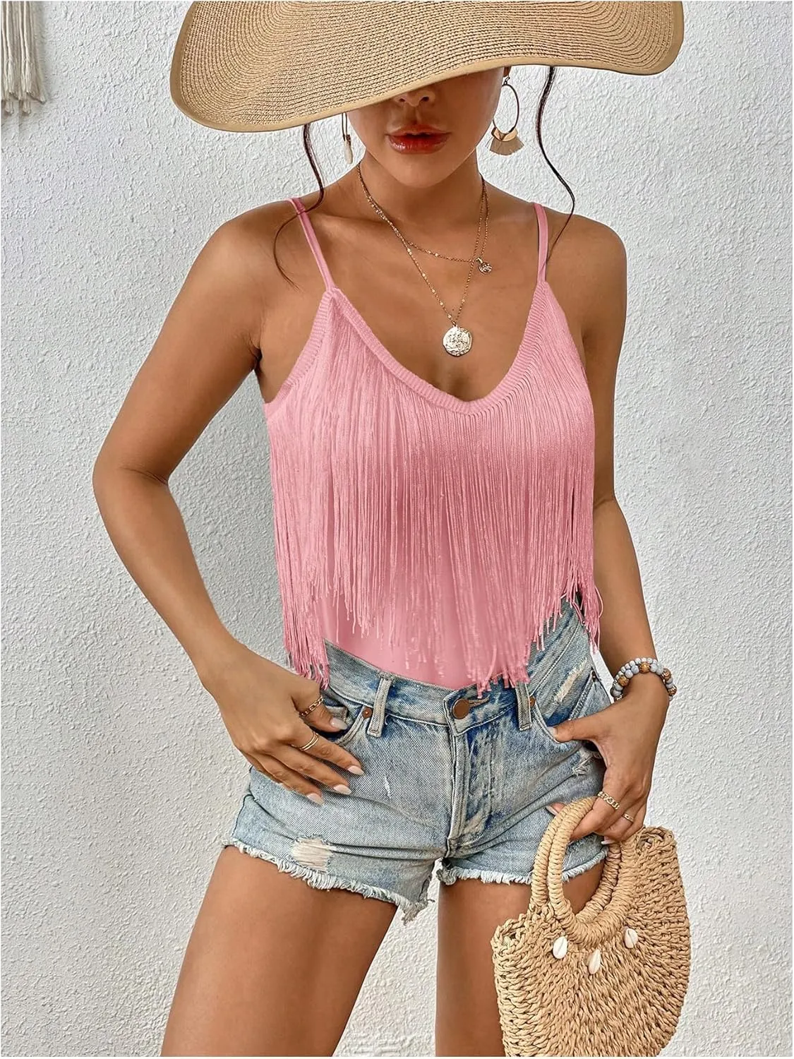 Women's Sleeveless Fringe Camisole Tops V Neck Spaghetti Strap Summer Cami Shirts
