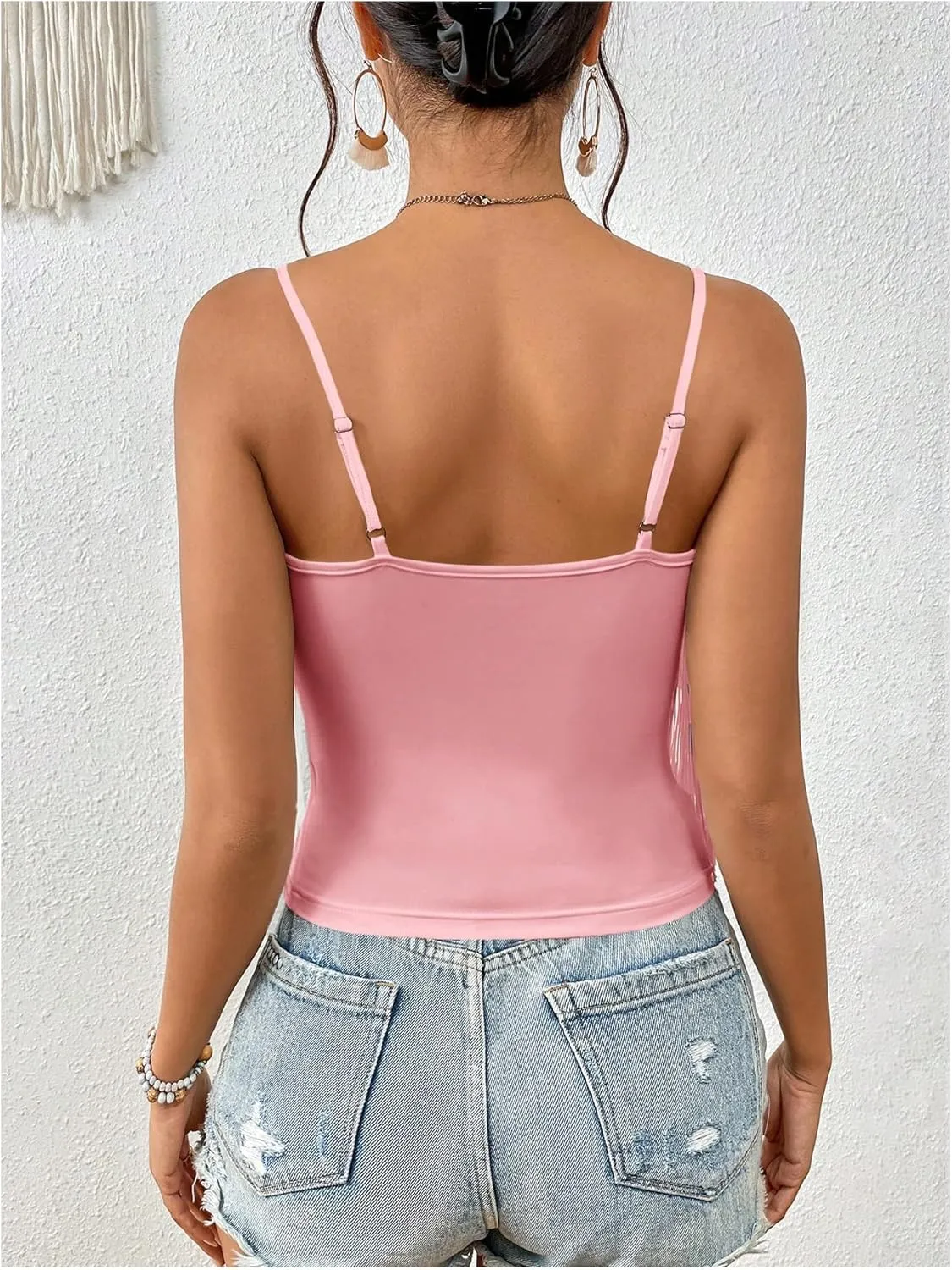 Women's Sleeveless Fringe Camisole Tops V Neck Spaghetti Strap Summer Cami Shirts