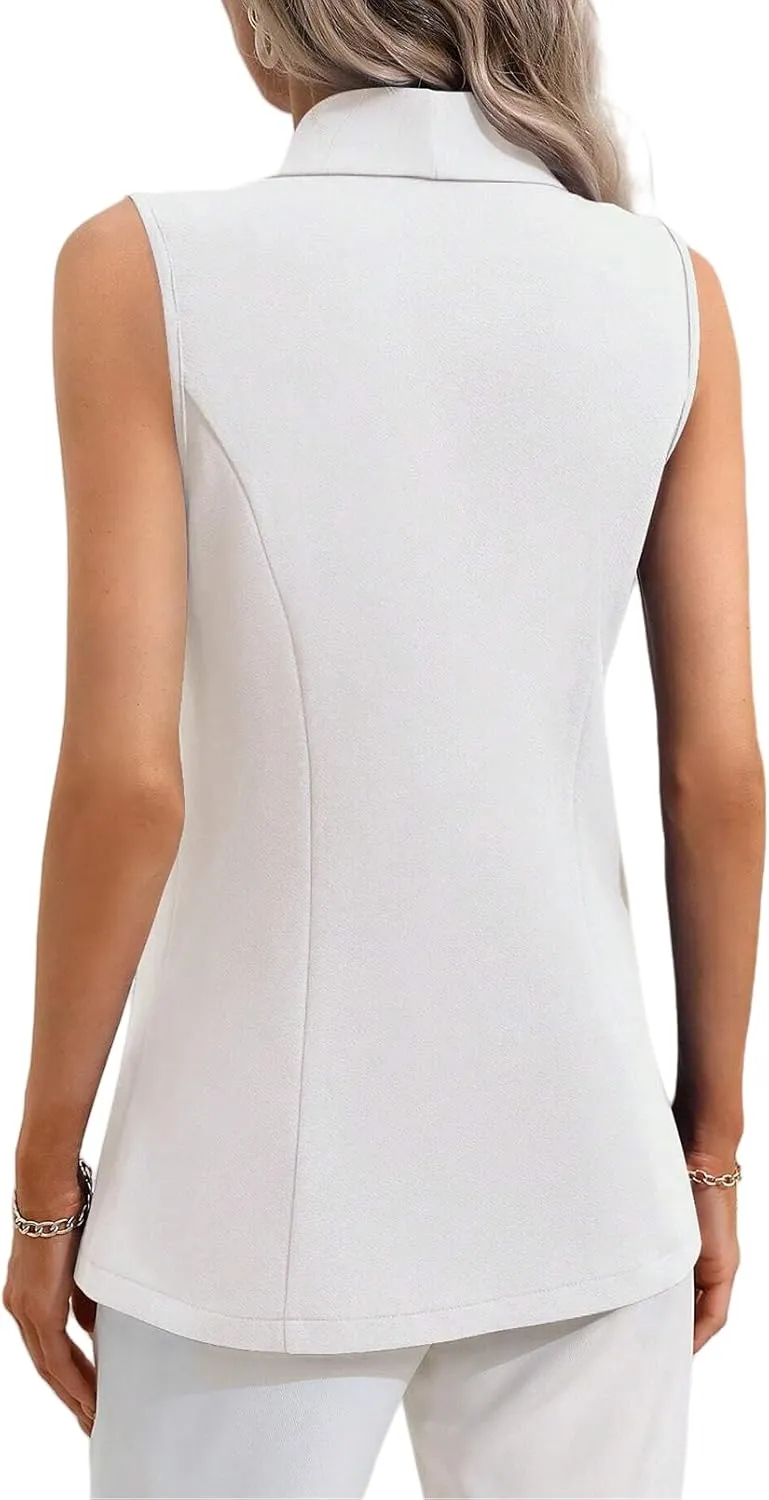Womens Sleeveless Vest Blazer Open Front Lapel V Neck One Button Vest Top Work Suit Vest for Women