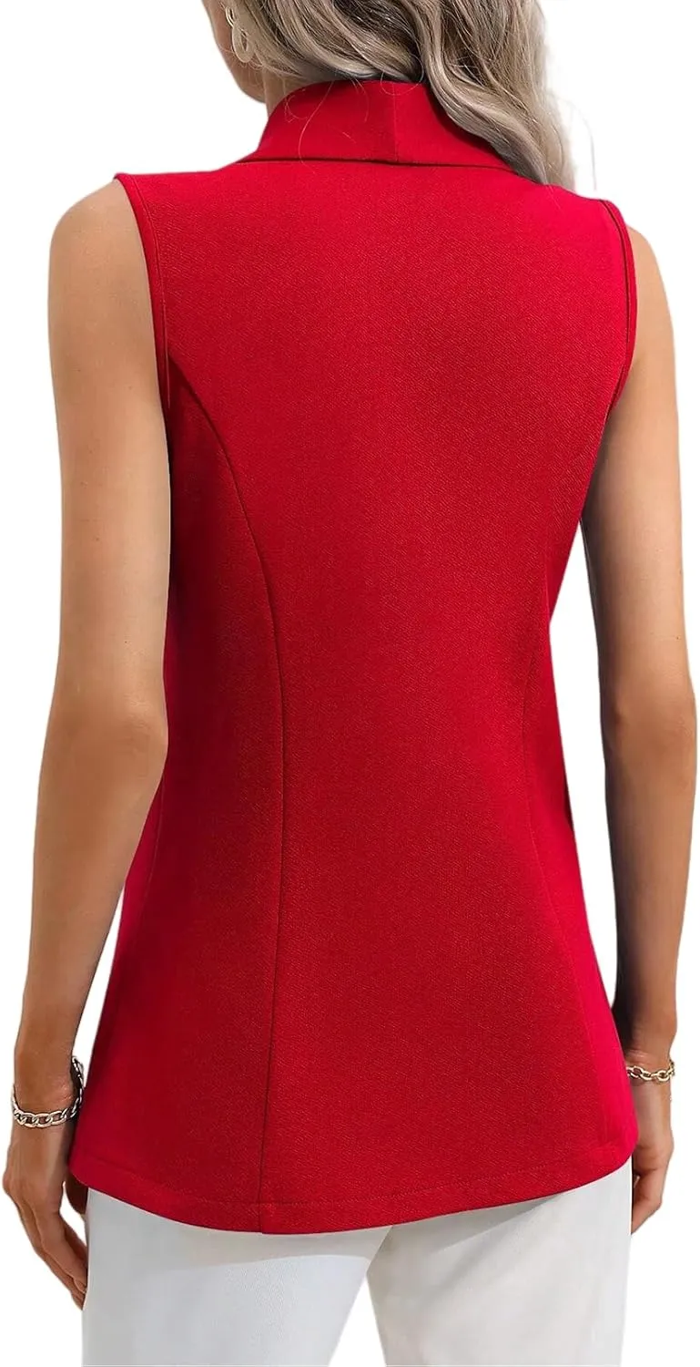 Womens Sleeveless Vest Blazer Open Front Lapel V Neck One Button Vest Top Work Suit Vest for Women