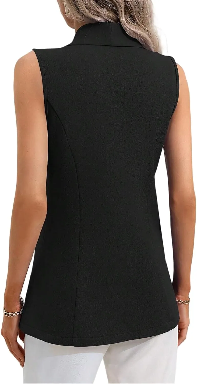 Womens Sleeveless Vest Blazer Open Front Lapel V Neck One Button Vest Top Work Suit Vest for Women