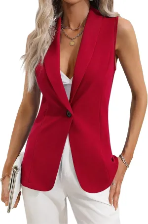 Womens Sleeveless Vest Blazer Open Front Lapel V Neck One Button Vest Top Work Suit Vest for Women