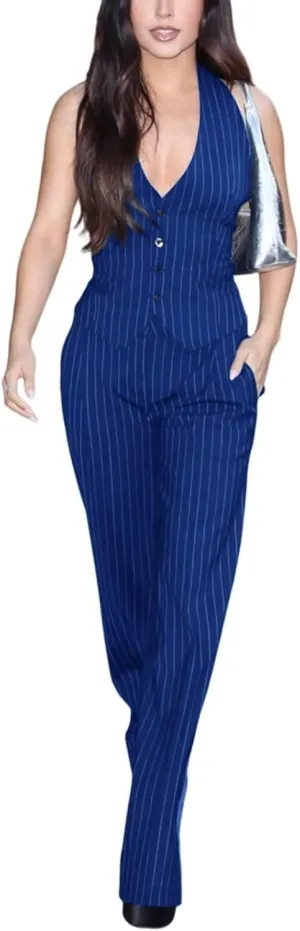 Women's Stripe Vest Pants Set Business 2 Piece Outfits Office Lady Suit