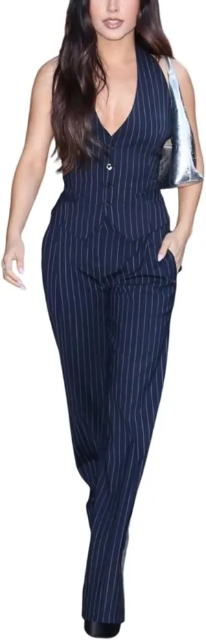 Women's Stripe Vest Pants Set Business 2 Piece Outfits Office Lady Suit