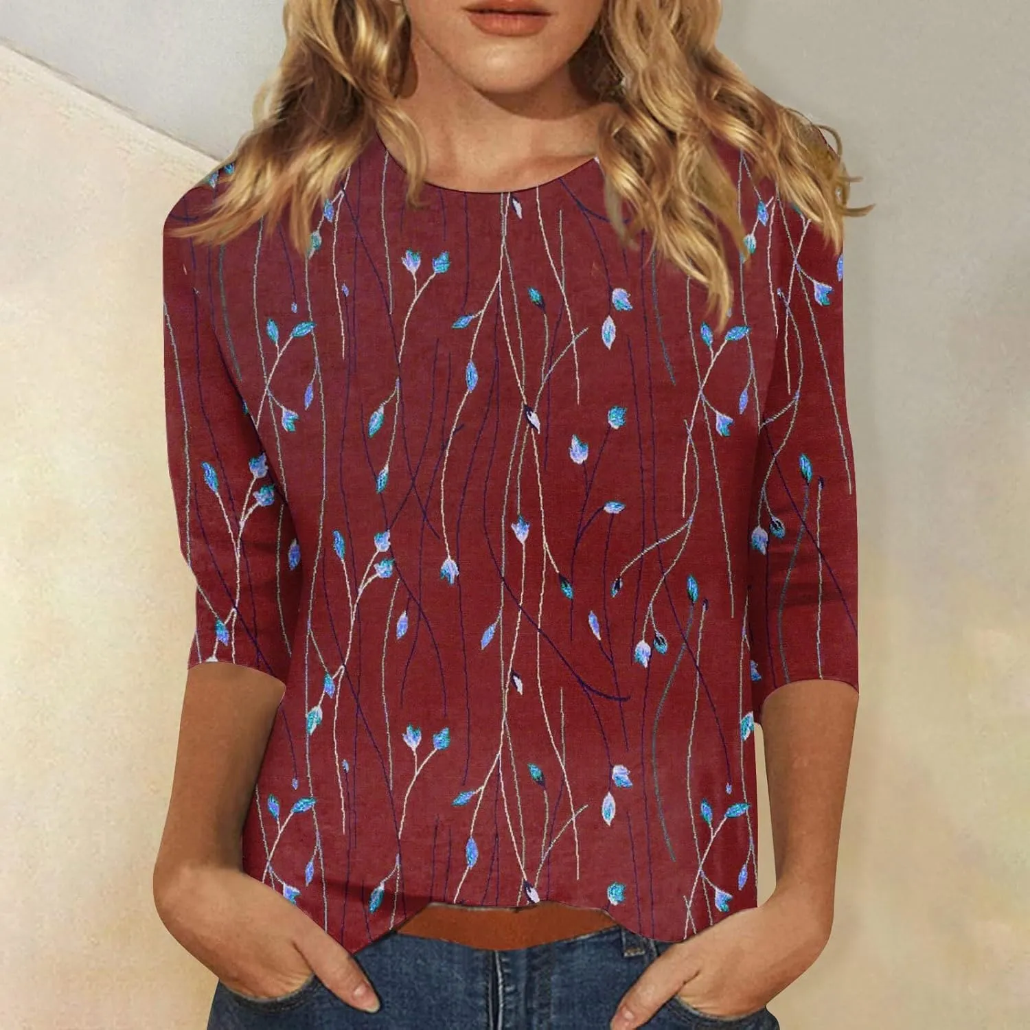 Womens Tops Trendy Summer 3/4 Sleeve Shirts Casual Floral Print Blouses Round Neck Cute Tunic Tops Plus Size S-5XL