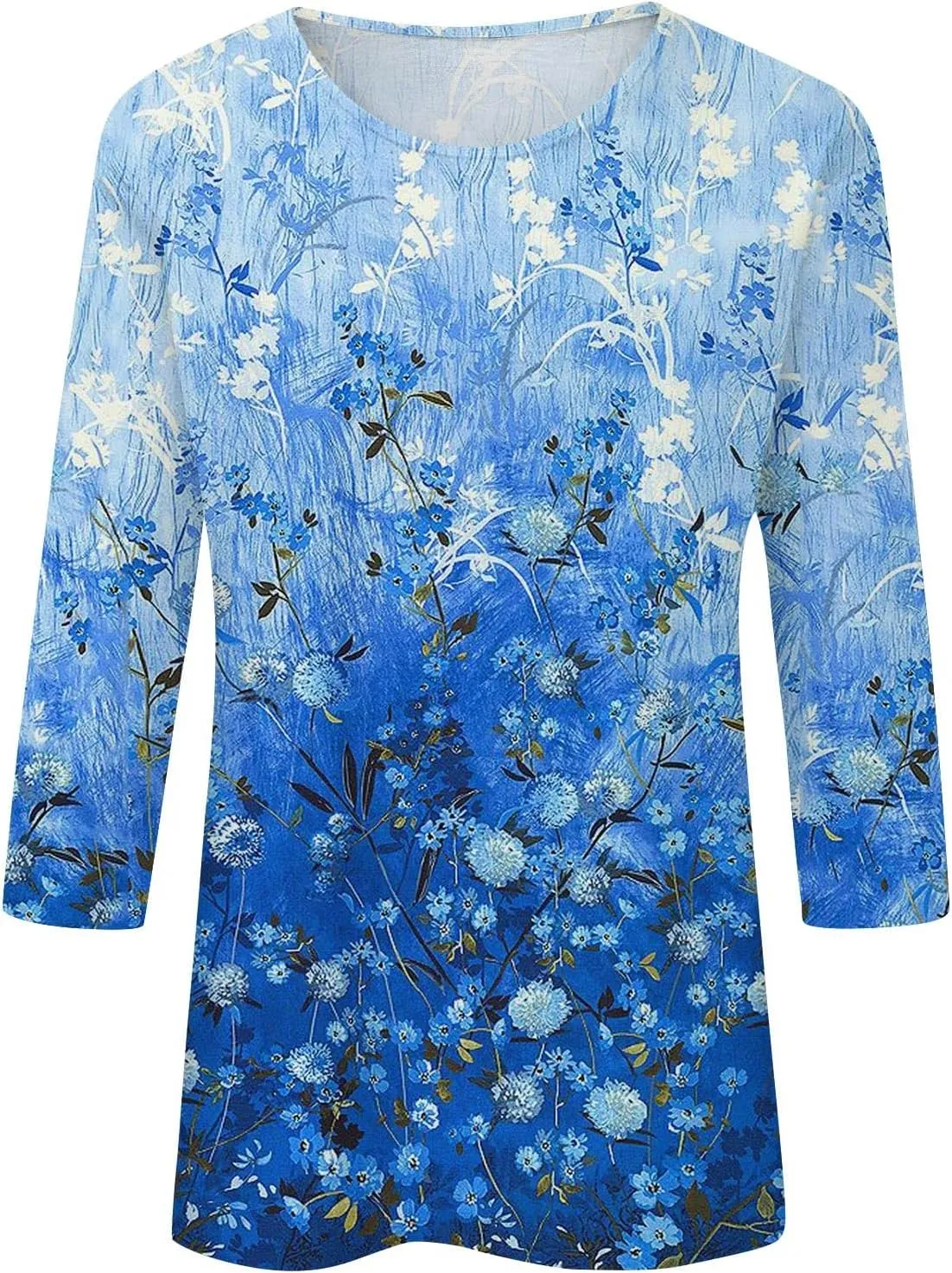Womens Tops Trendy Summer 3/4 Sleeve Shirts Casual Floral Print Blouses Round Neck Cute Tunic Tops Plus Size S-5XL