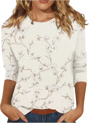 Womens Tops Trendy Summer 3/4 Sleeve Shirts Casual Floral Print Blouses Round Neck Cute Tunic Tops Plus Size S-5XL