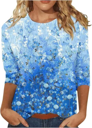 Womens Tops Trendy Summer 3/4 Sleeve Shirts Casual Floral Print Blouses Round Neck Cute Tunic Tops Plus Size S-5XL