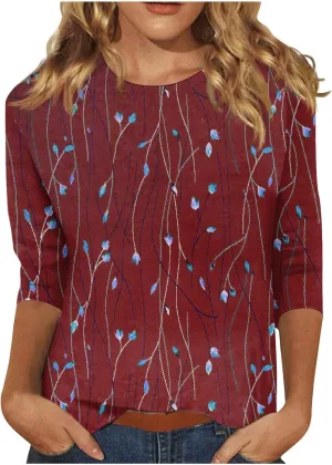 Womens Tops Trendy Summer 3/4 Sleeve Shirts Casual Floral Print Blouses Round Neck Cute Tunic Tops Plus Size S-5XL