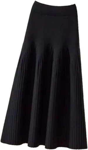 Women's Winter Loose A-Line Midi Skirt Casual Elegant Office Pleated Skirt Basic Solid All-Match Knit Skirt