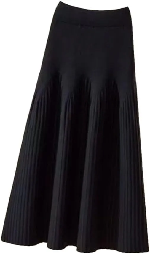 Women's Winter Loose A-Line Midi Skirt Casual Elegant Office Pleated Skirt Basic Solid All-Match Knit Skirt