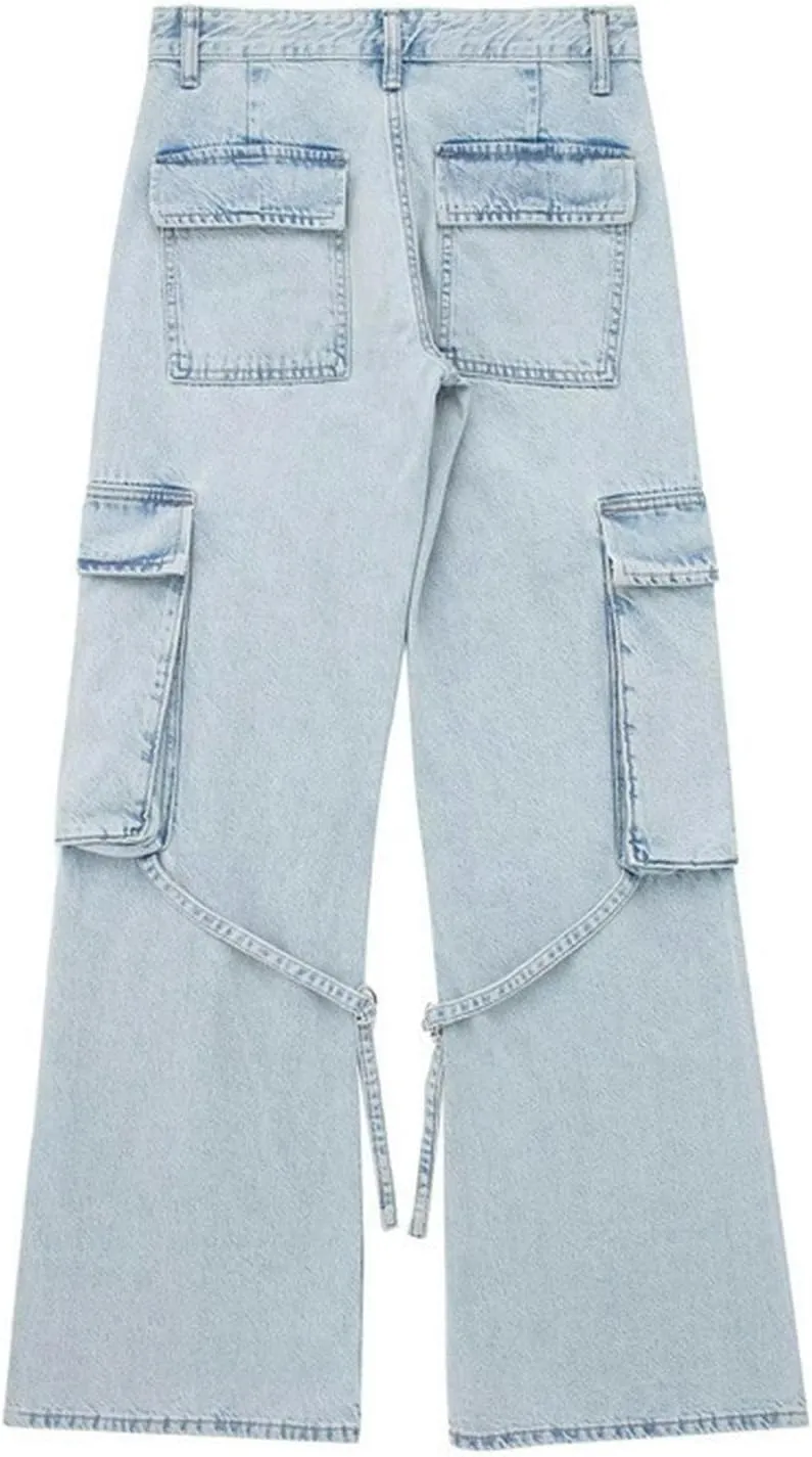 Work Style high Waist Jeans, Personalized Street Pants for Women, Pocket Design Trousers