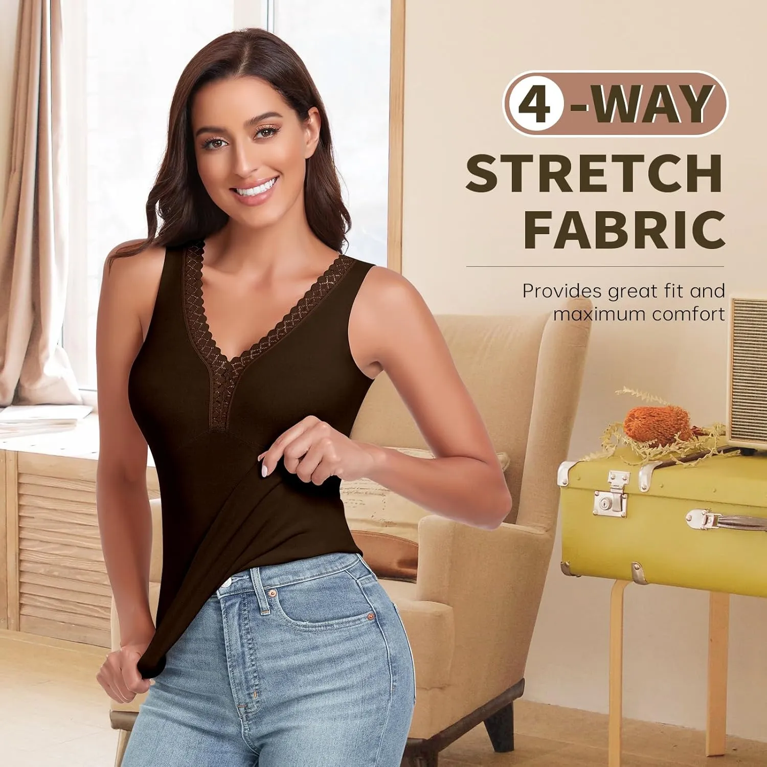 WOWENY Sleeveless Thermal Fleece Tank Top for Women V Neck Lace Camisole Warm Base Layer Cami Vest Underwear Tops