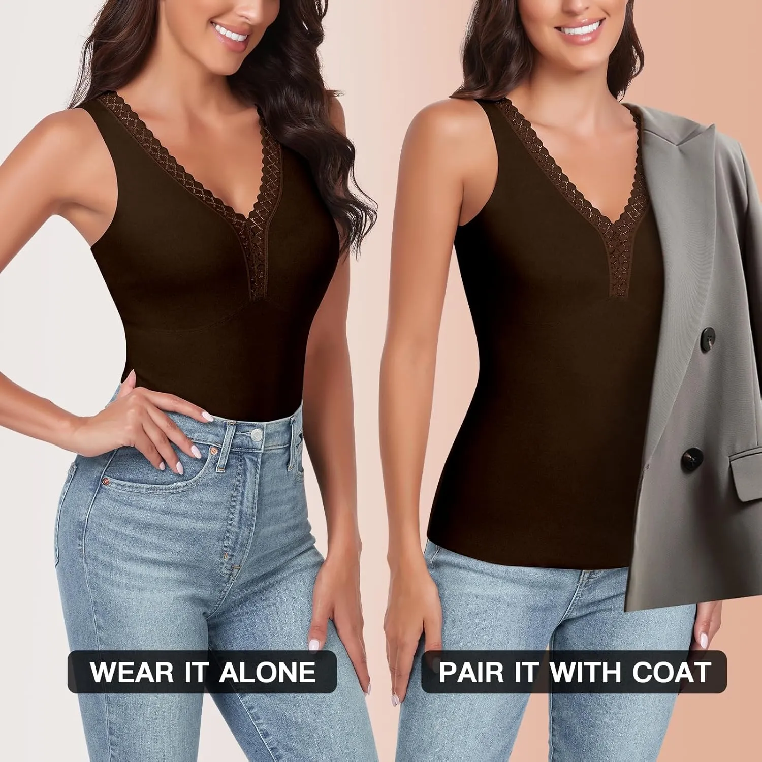 WOWENY Sleeveless Thermal Fleece Tank Top for Women V Neck Lace Camisole Warm Base Layer Cami Vest Underwear Tops
