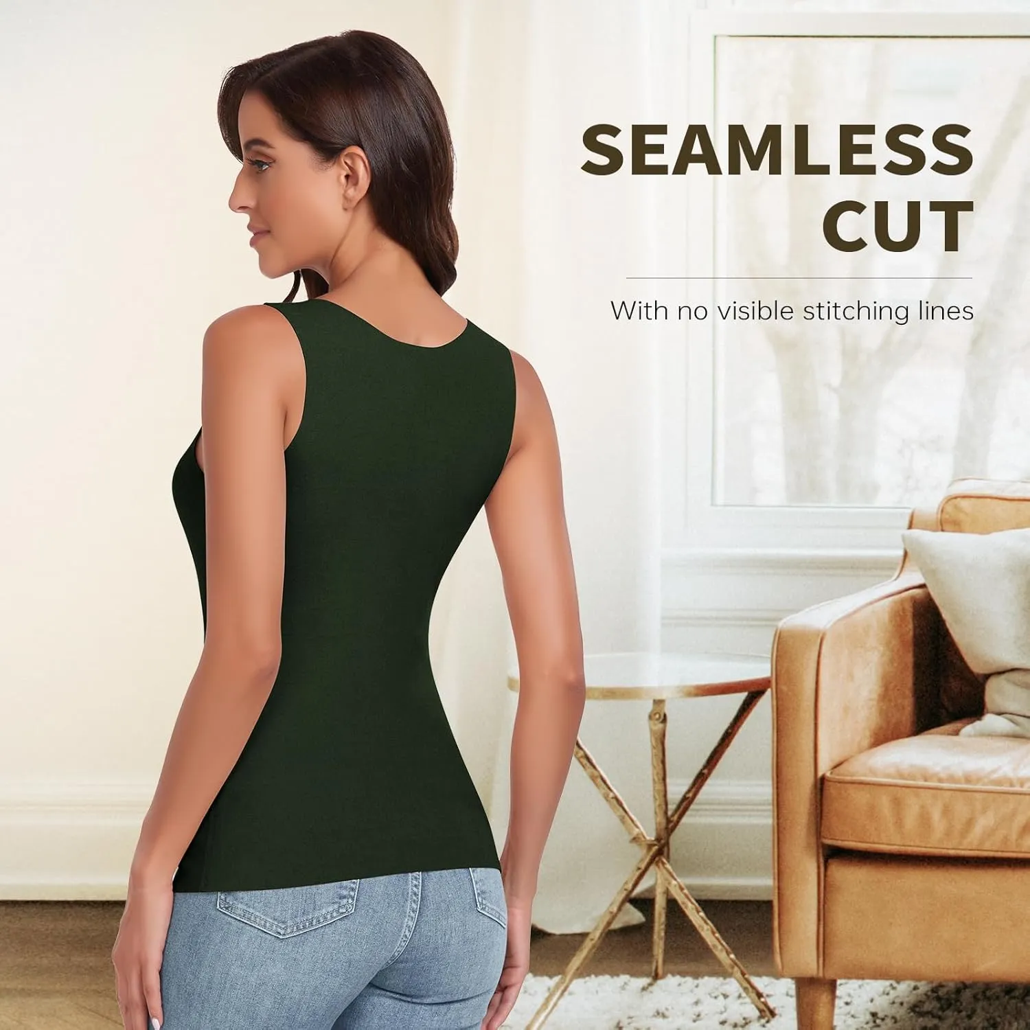 WOWENY Sleeveless Thermal Fleece Tank Top for Women V Neck Lace Camisole Warm Base Layer Cami Vest Underwear Tops