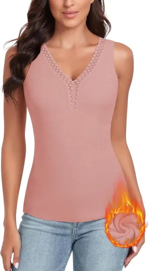 WOWENY Sleeveless Thermal Fleece Tank Top for Women V Neck Lace Camisole Warm Base Layer Cami Vest Underwear Tops