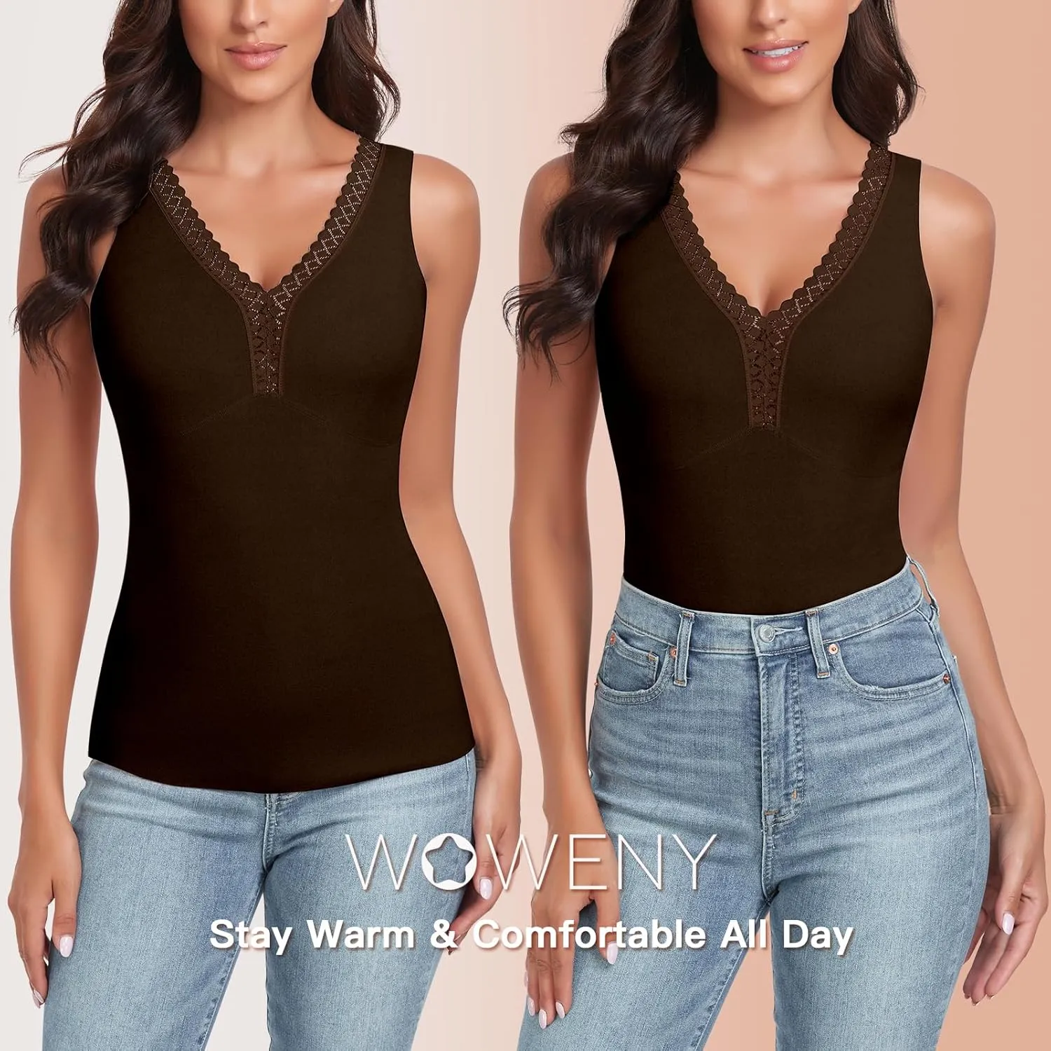WOWENY Sleeveless Thermal Fleece Tank Top for Women V Neck Lace Camisole Warm Base Layer Cami Vest Underwear Tops