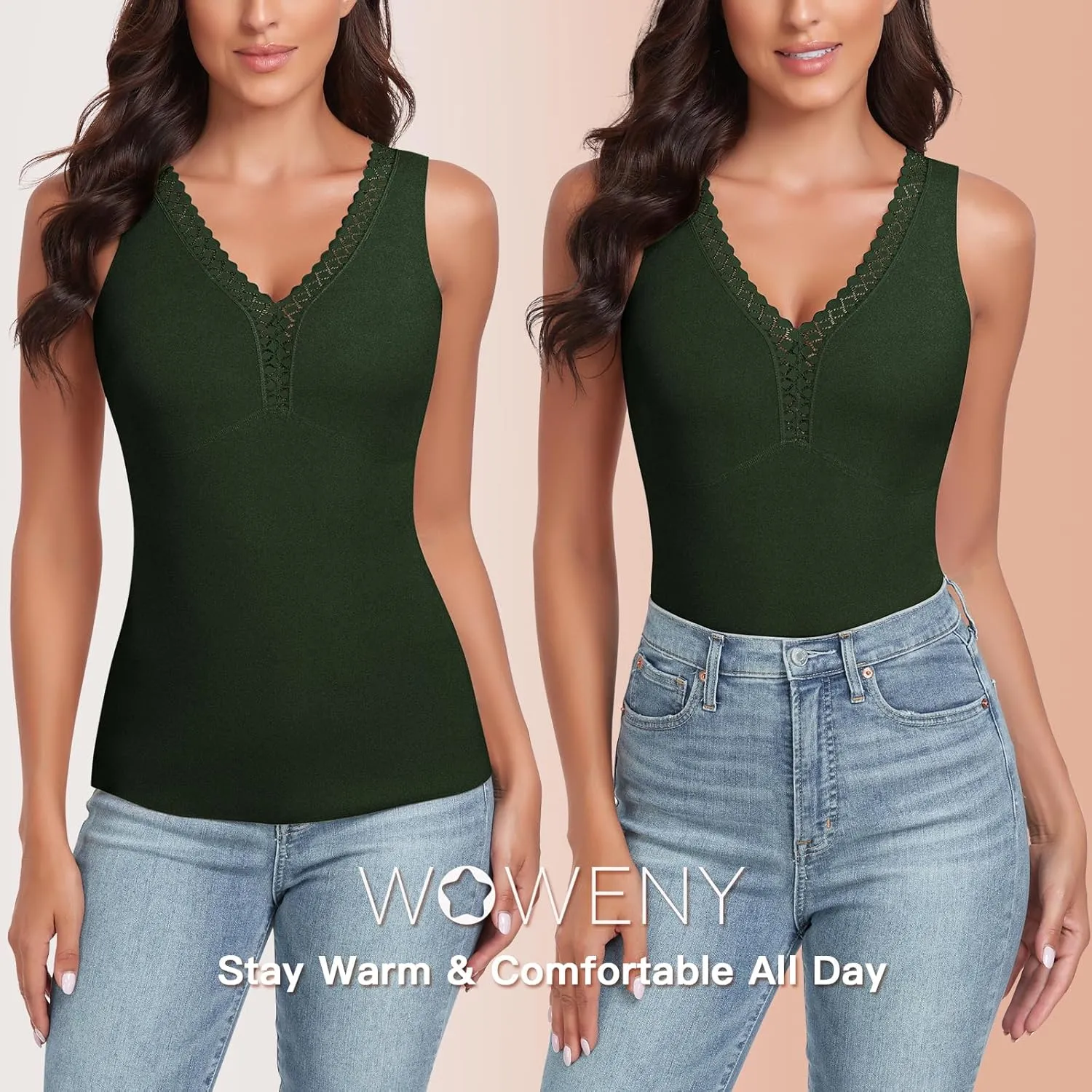 WOWENY Sleeveless Thermal Fleece Tank Top for Women V Neck Lace Camisole Warm Base Layer Cami Vest Underwear Tops