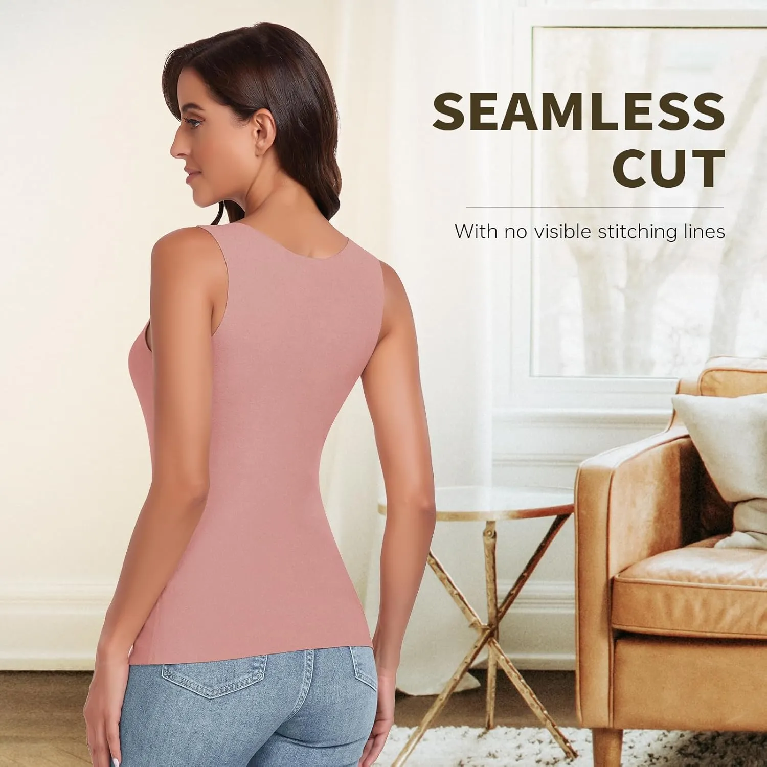 WOWENY Sleeveless Thermal Fleece Tank Top for Women V Neck Lace Camisole Warm Base Layer Cami Vest Underwear Tops