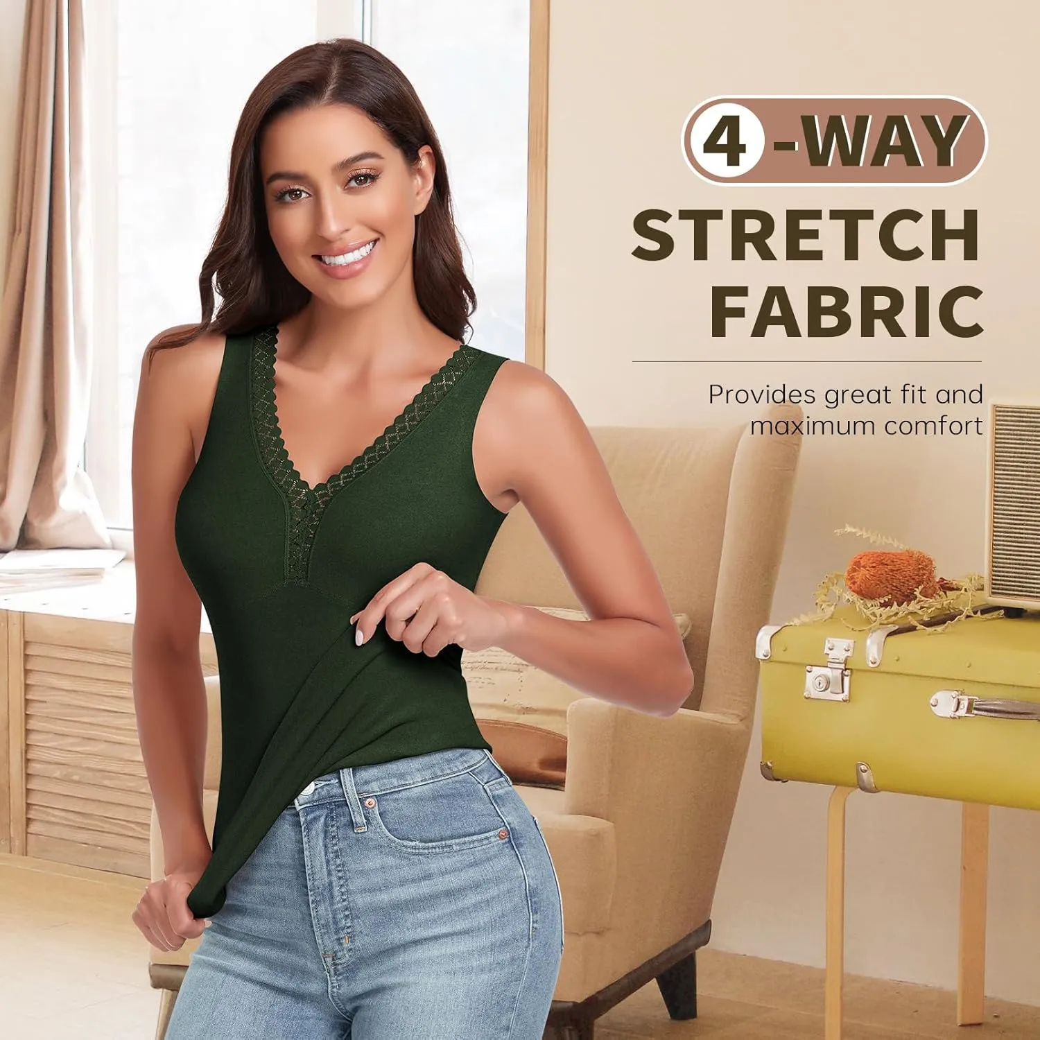 WOWENY Sleeveless Thermal Fleece Tank Top for Women V Neck Lace Camisole Warm Base Layer Cami Vest Underwear Tops