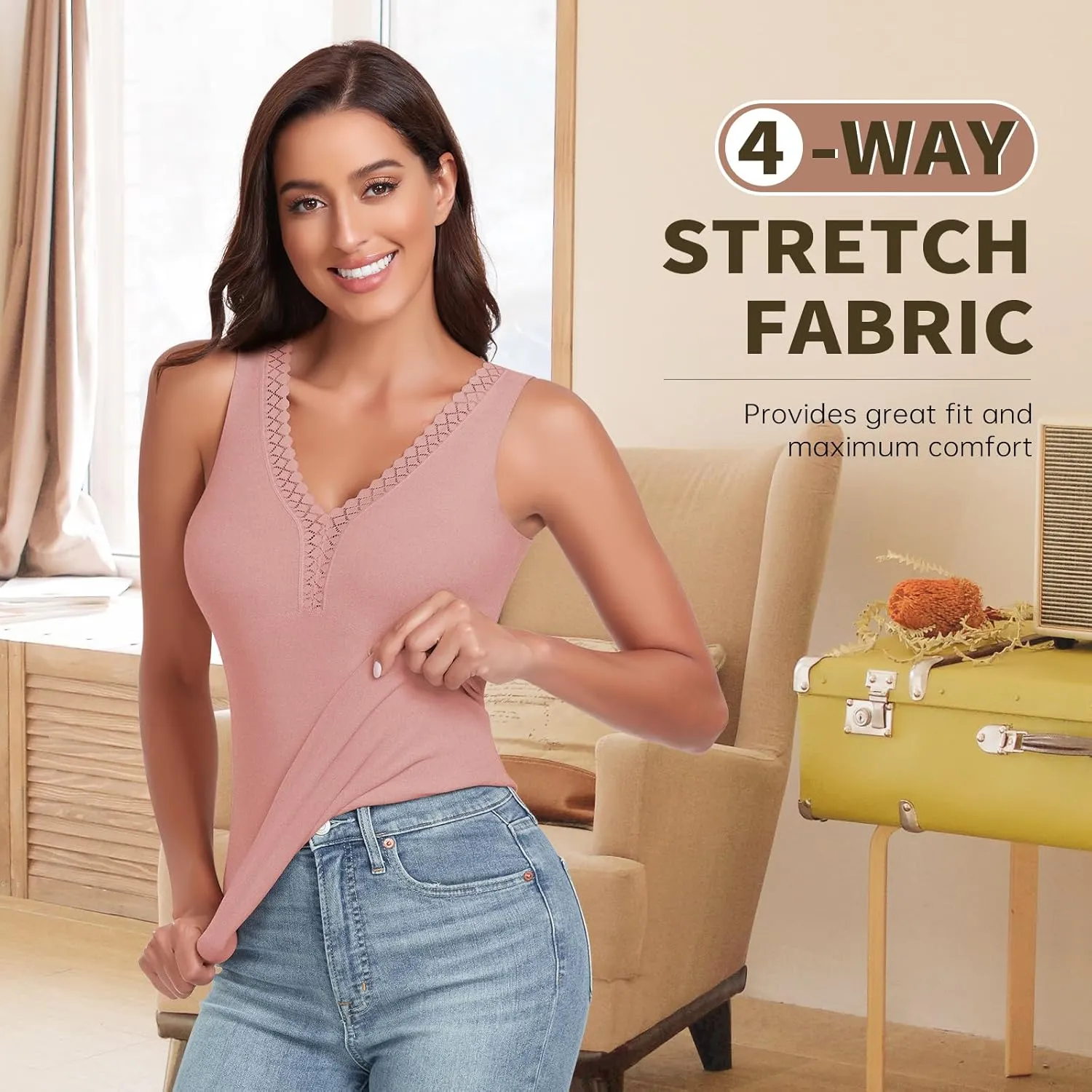 WOWENY Sleeveless Thermal Fleece Tank Top for Women V Neck Lace Camisole Warm Base Layer Cami Vest Underwear Tops