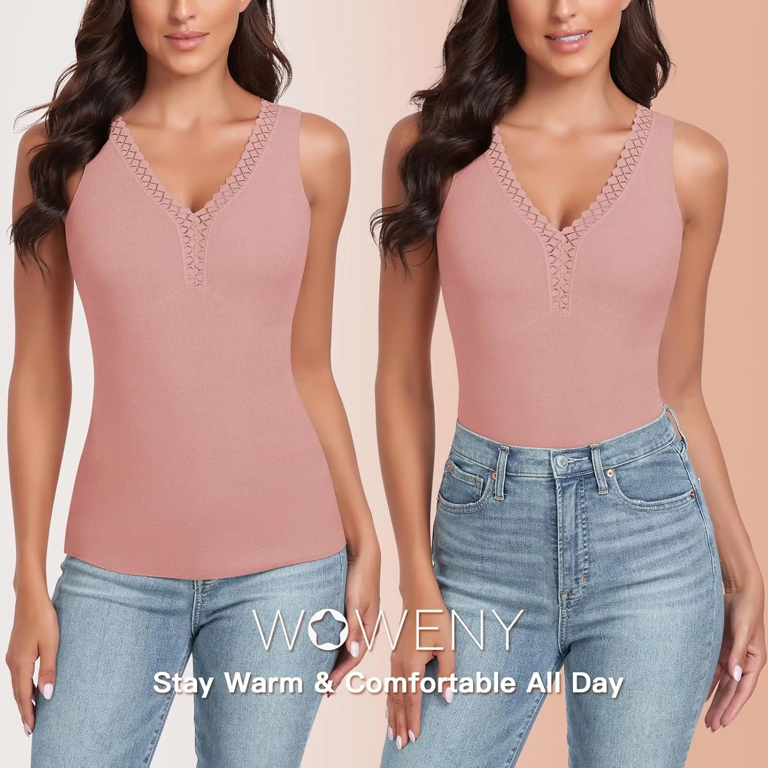 WOWENY Sleeveless Thermal Fleece Tank Top for Women V Neck Lace Camisole Warm Base Layer Cami Vest Underwear Tops
