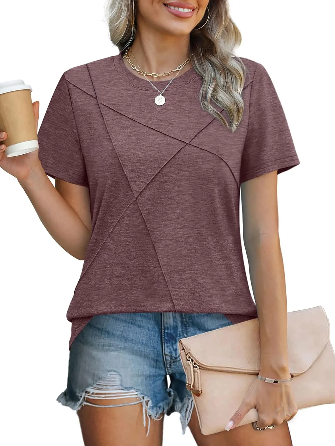 XIEERDUO Womens Summer Tops 2025 Pleated Round Neck Short Sleeve Shirts Business Casual