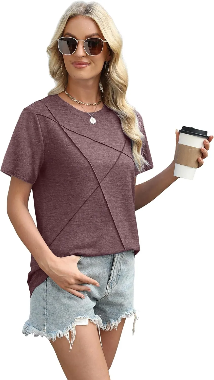 XIEERDUO Womens Summer Tops 2025 Pleated Round Neck Short Sleeve Shirts Business Casual