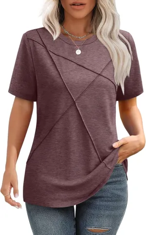 XIEERDUO Womens Summer Tops 2025 Pleated Round Neck Short Sleeve Shirts Business Casual