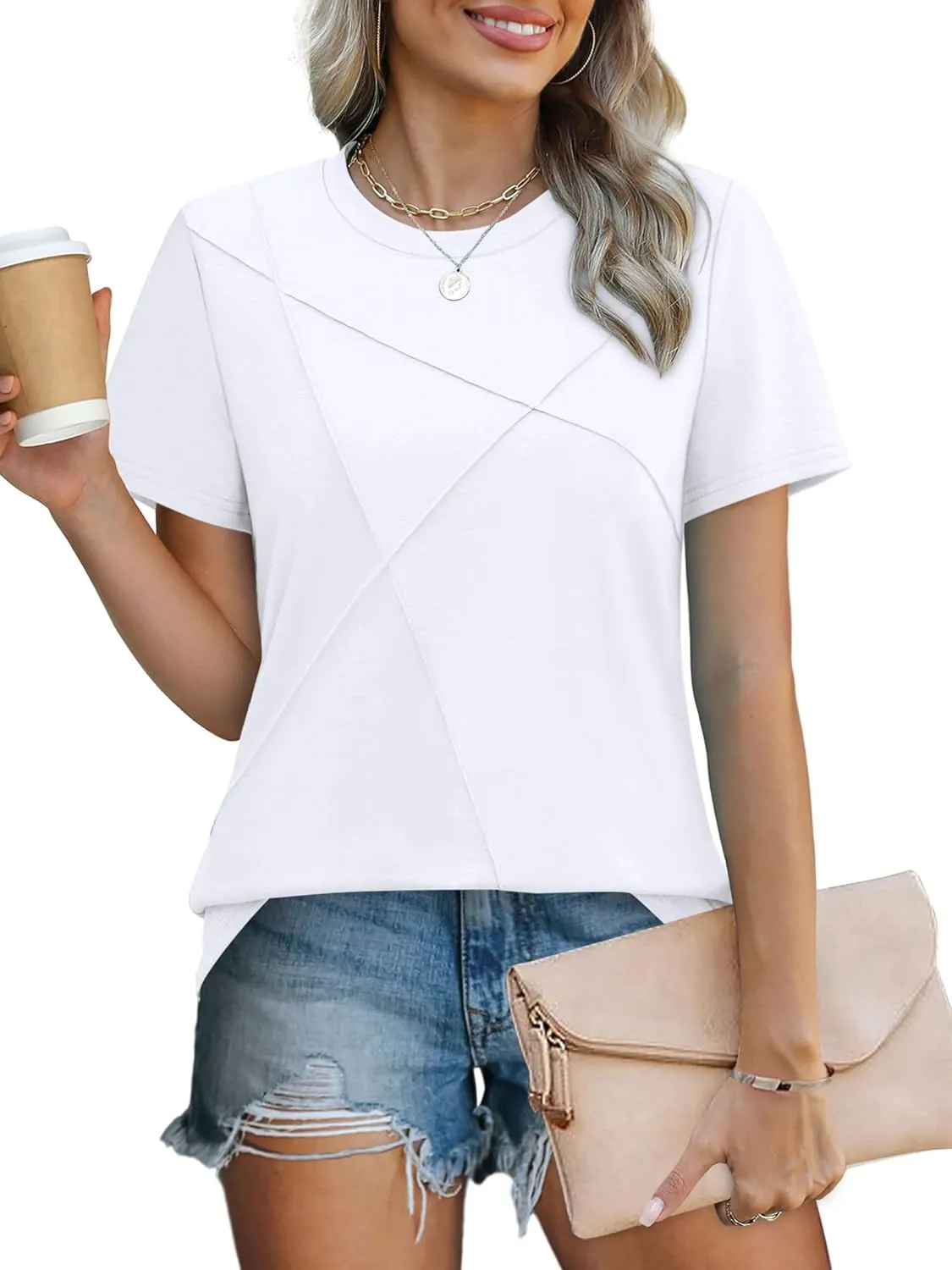 XIEERDUO Womens Summer Tops 2025 Pleated Round Neck Short Sleeve Shirts Business Casual