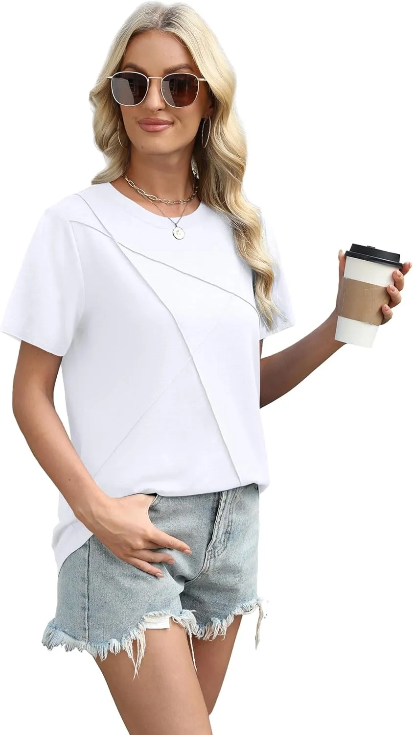 XIEERDUO Womens Summer Tops 2025 Pleated Round Neck Short Sleeve Shirts Business Casual