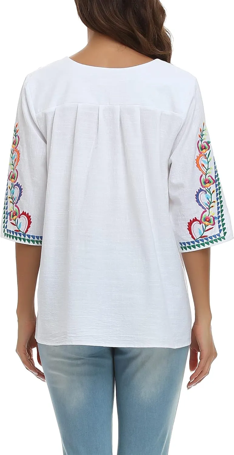 YZXDORWJ Women's Summer Embroidered Mexican Shirts Short Sleeve Casual Tops Blouse