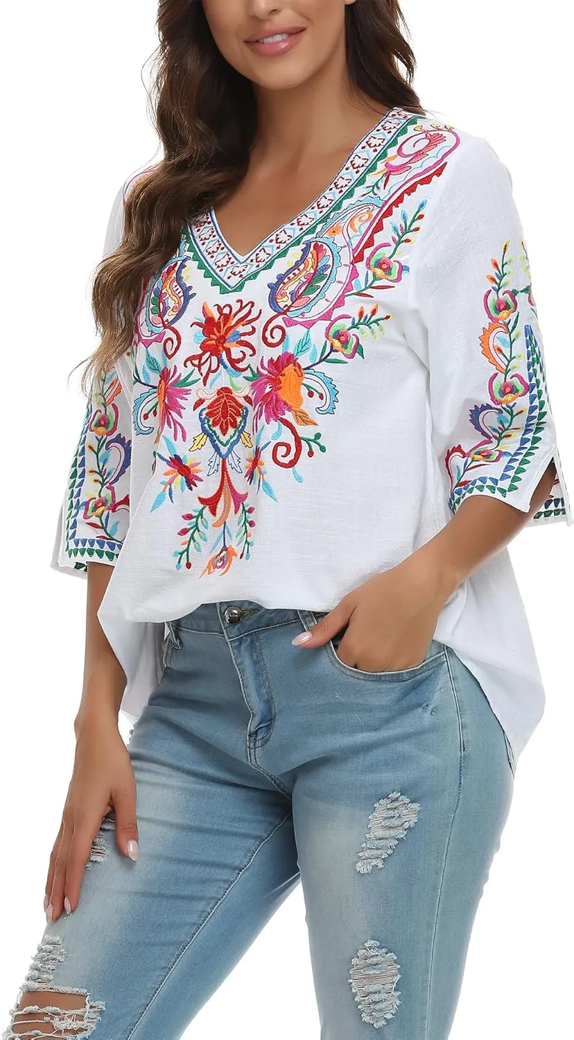 YZXDORWJ Women's Summer Embroidered Mexican Shirts Short Sleeve Casual Tops Blouse